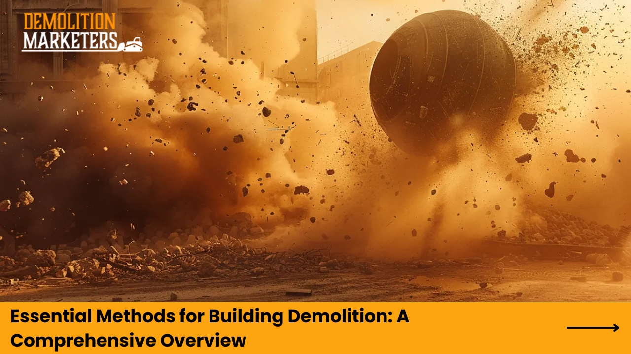 Demolition scene featuring a wrecking ball in action, surrounded by debris and dust, illustrating essential methods for building demolition and emphasizing safety and planning in construction projects.